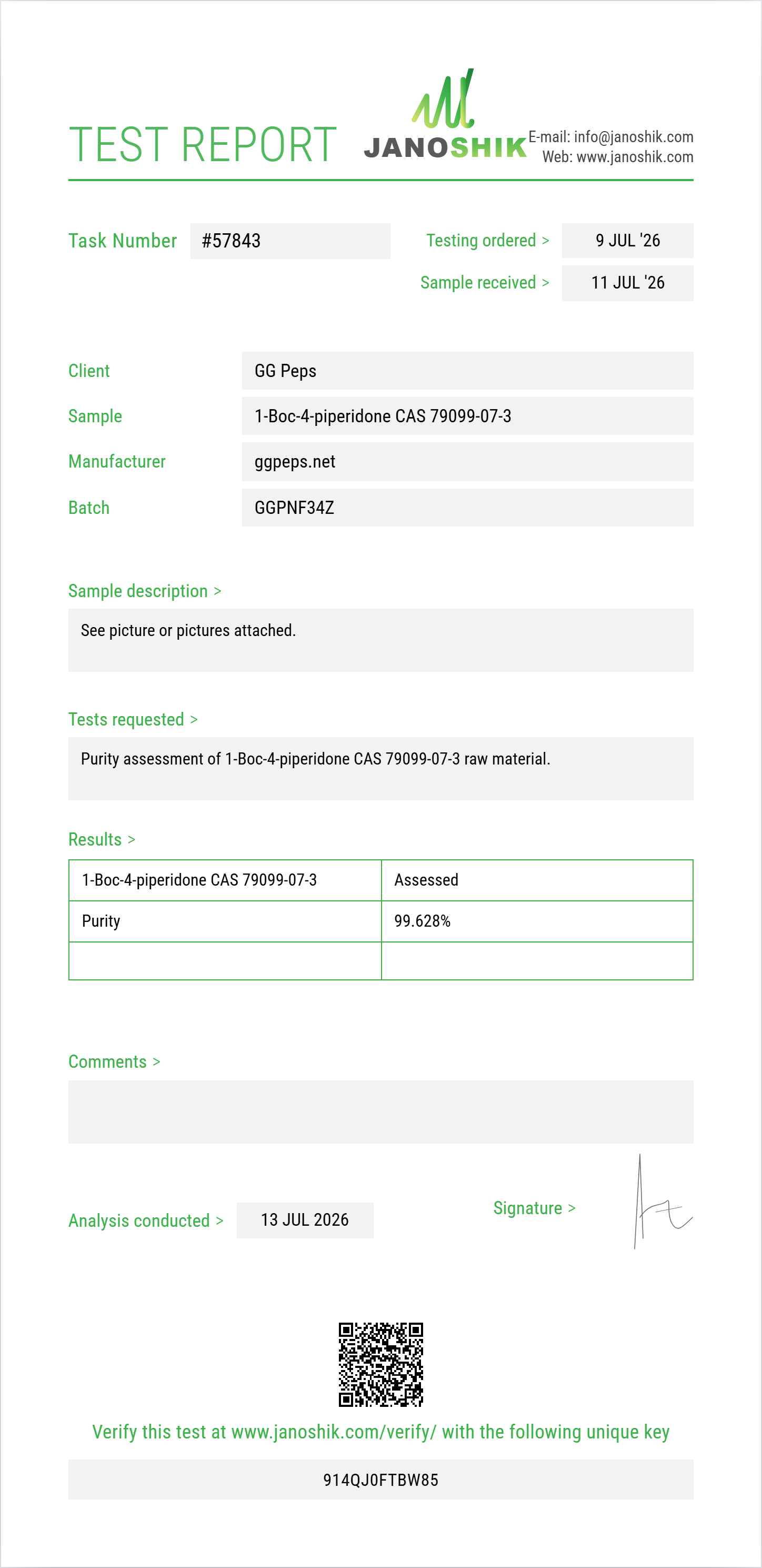 1-Boc-4-piperidone (tert-butyl 4-oxopiperidine-1-carboxylate) CAS 79099-07-3 Purity (HPLC) report by Janoshik Analytical