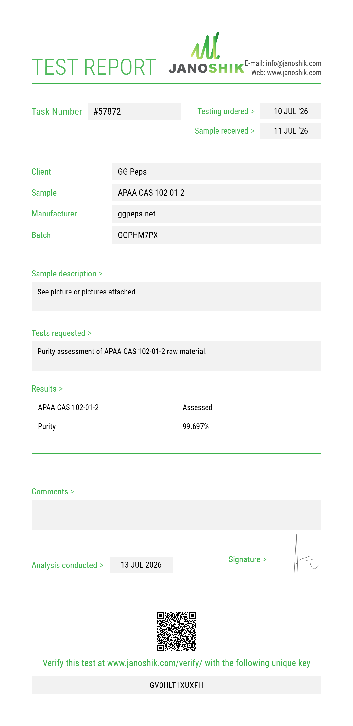 APAA (alpha-phenylacetoacetamide) CAS 102-01-2 Purity (HPLC) report by Janoshik Analytical