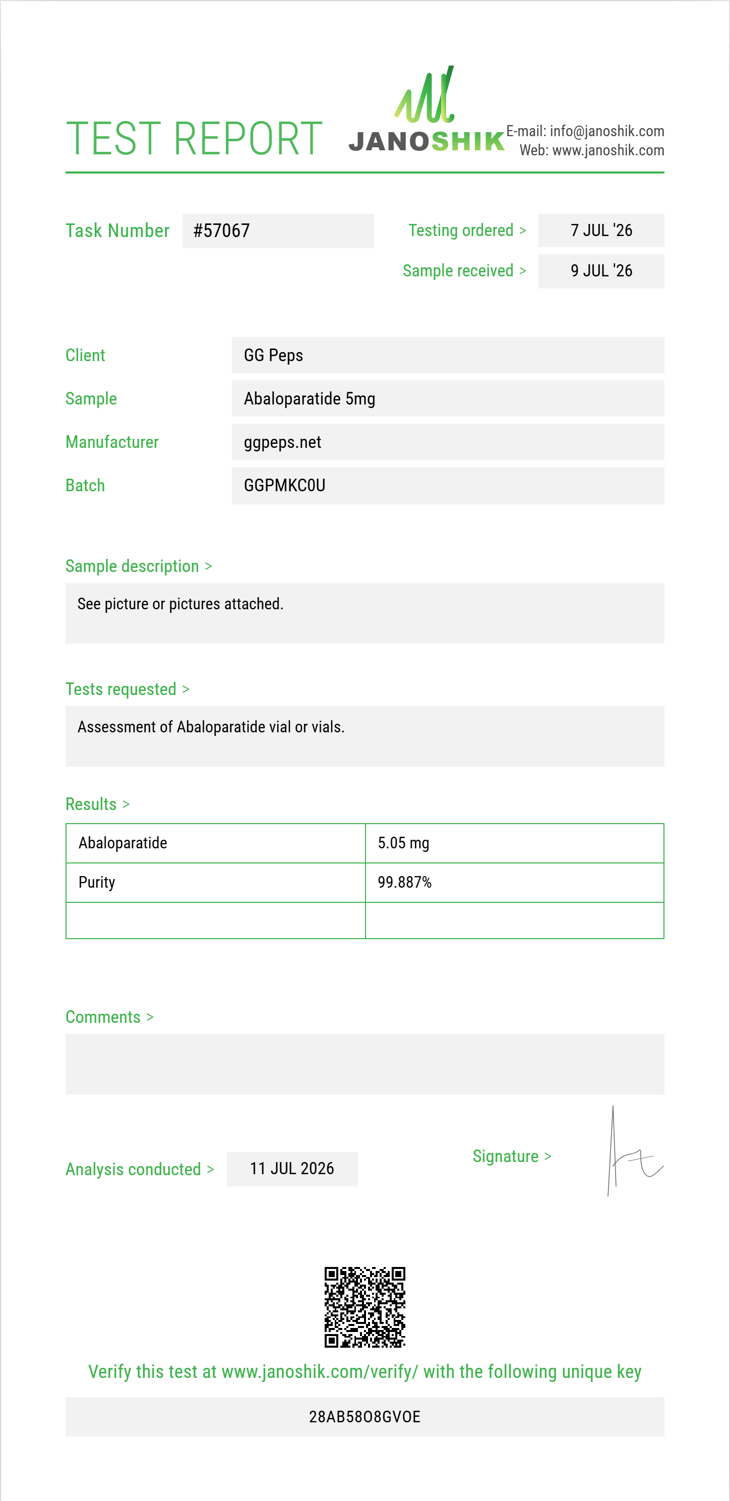 Abaloparatide Purity (HPLC) report by Janoshik Analytical