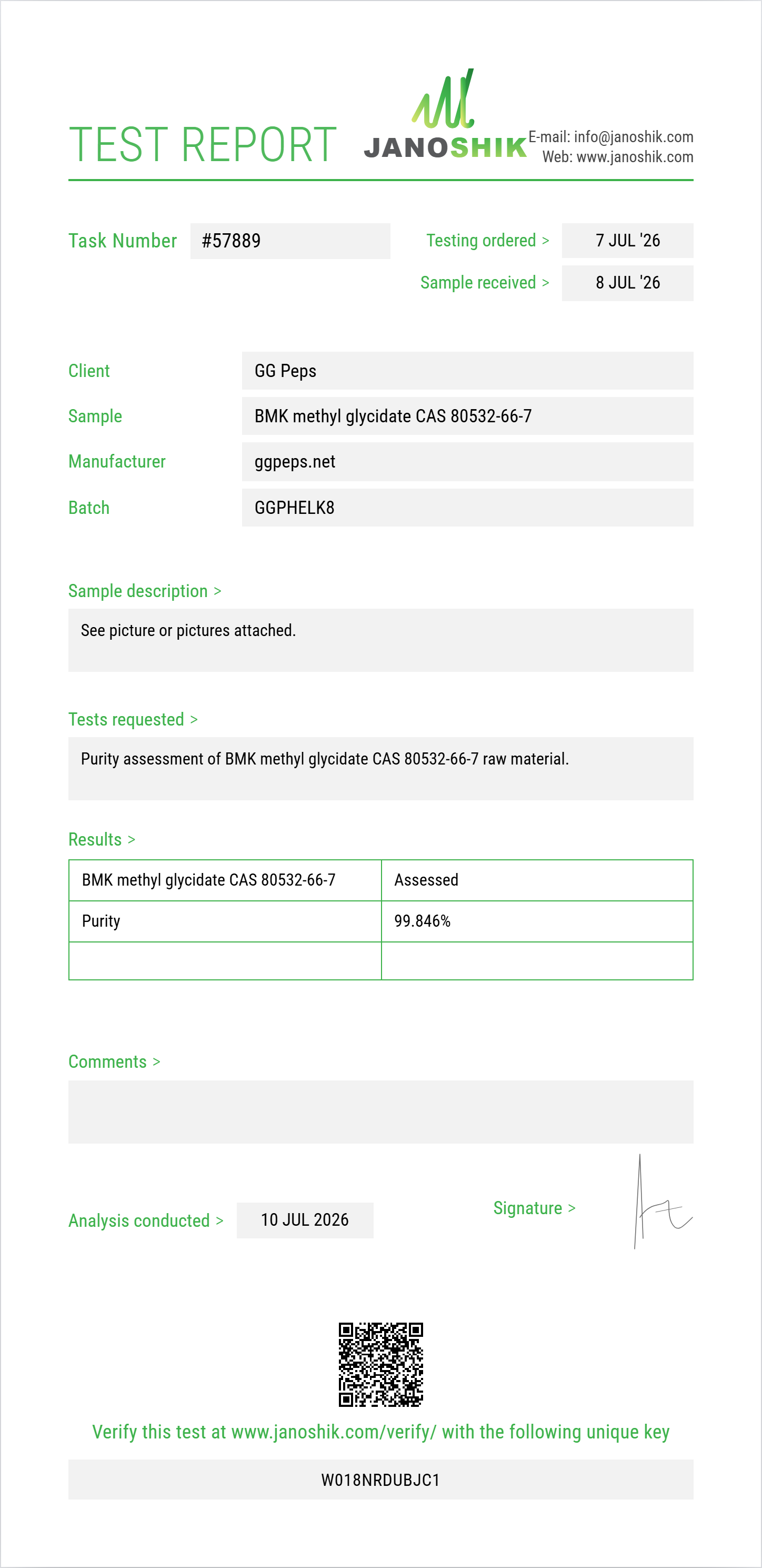 BMK methyl glycidate CAS 80532-66-7 Purity (HPLC) report by Janoshik Analytical