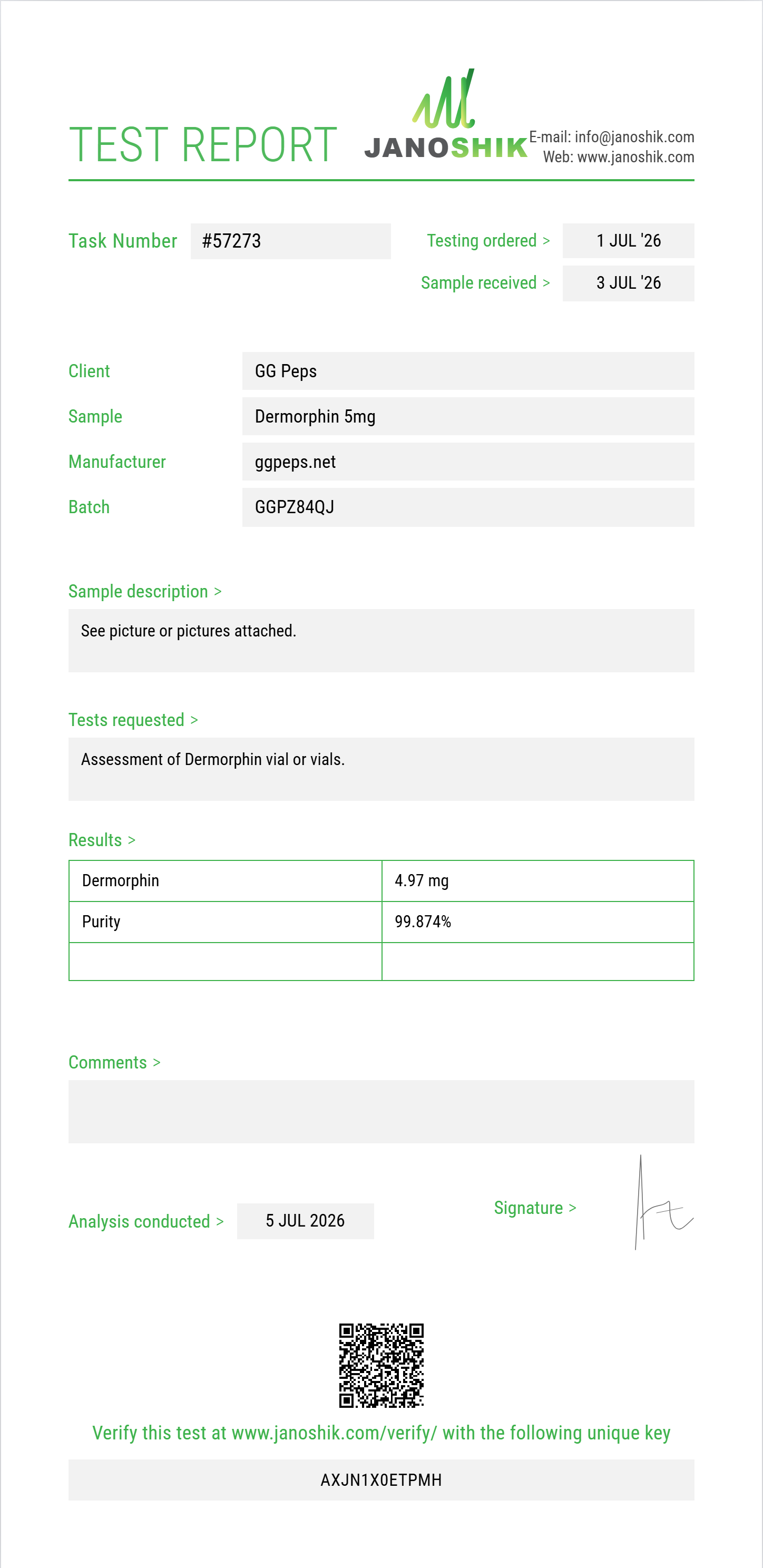 Dermorphin Purity (HPLC) report by Janoshik Analytical