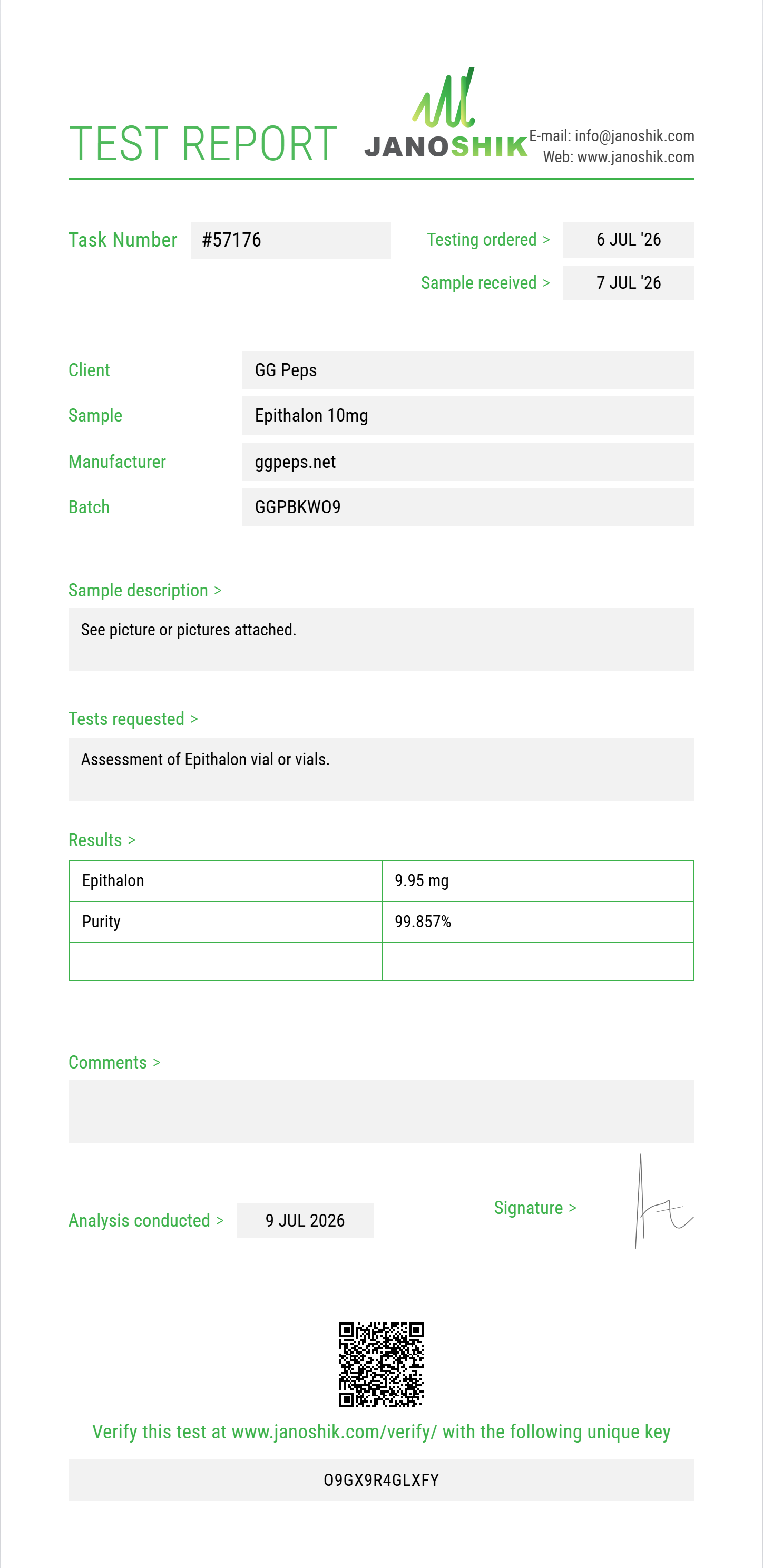 Epithalon Purity (HPLC) report by Janoshik Analytical