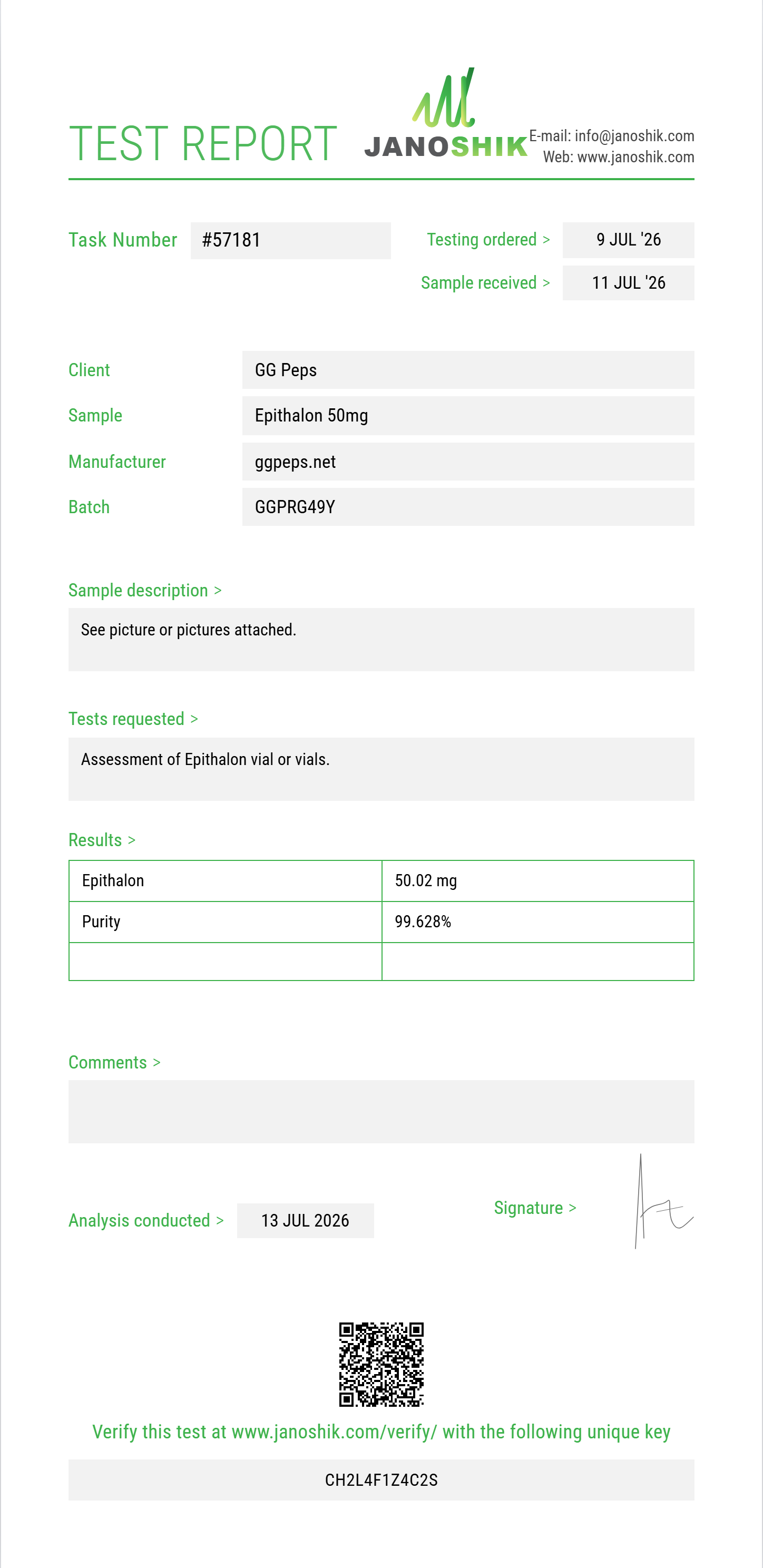 Epithalon Purity (HPLC) report by Janoshik Analytical