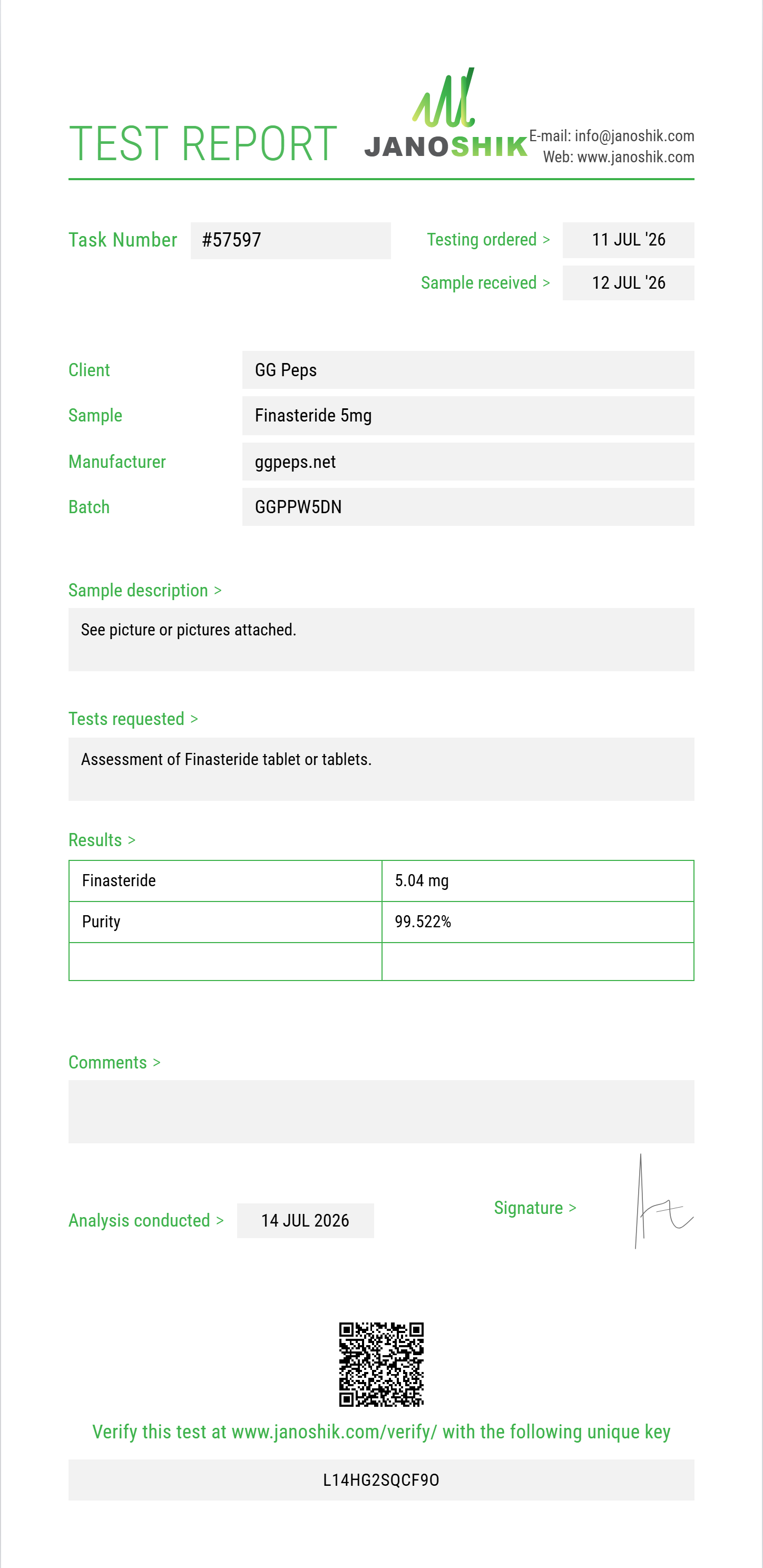 Finasteride Purity (HPLC) report by Janoshik Analytical