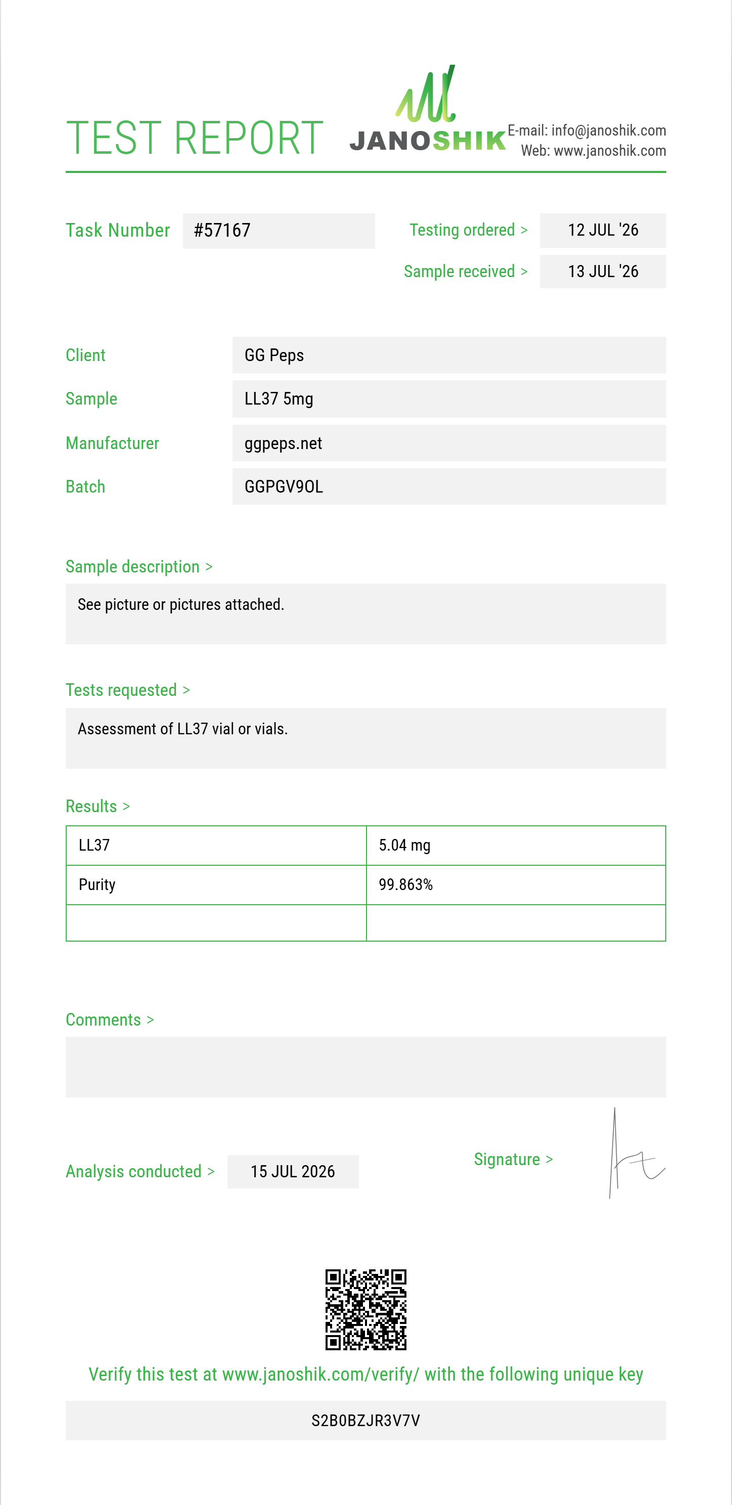 LL37 Purity (HPLC) report by Janoshik Analytical