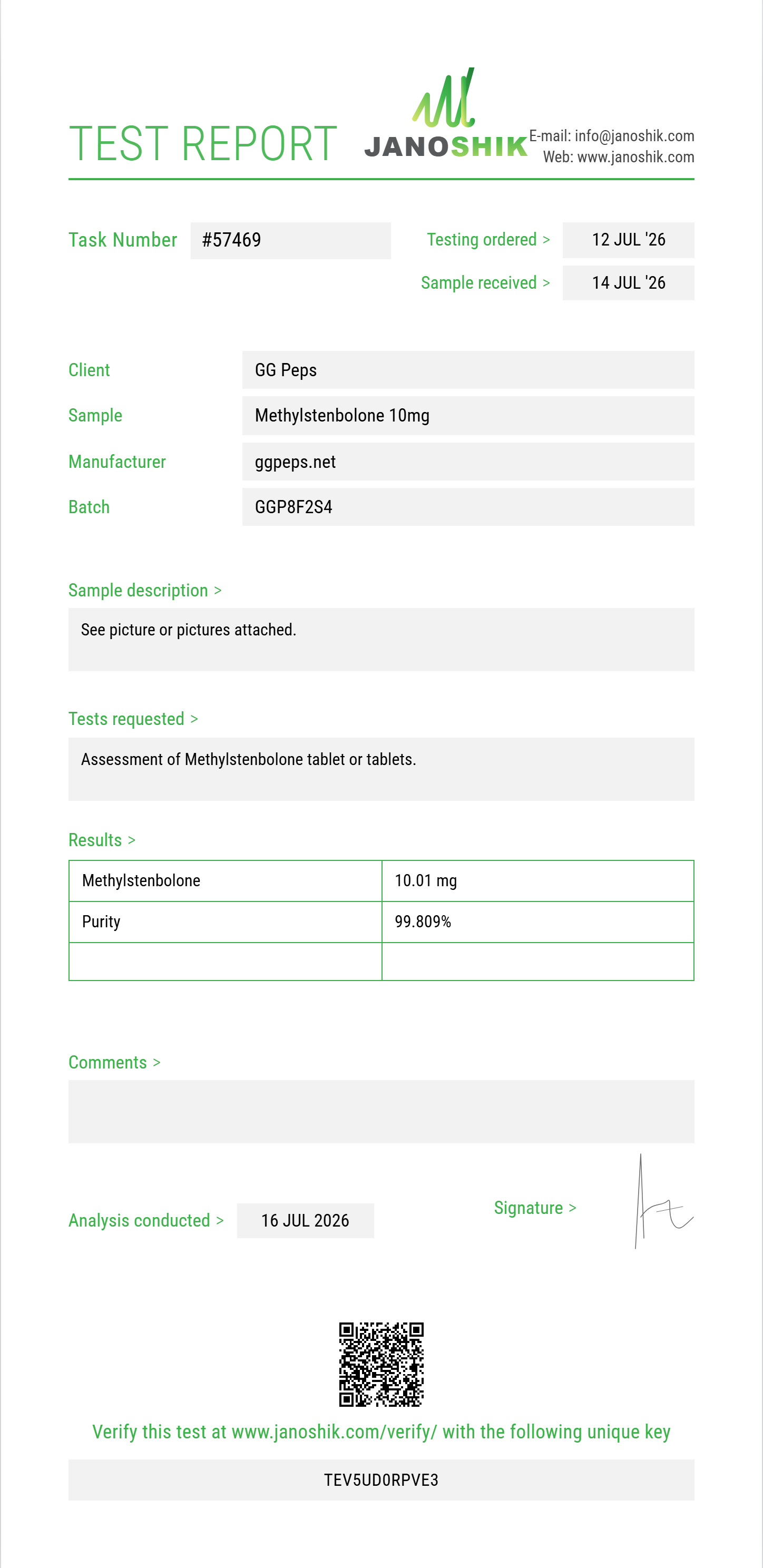 Methylstenbolone Purity (HPLC) report by Janoshik Analytical