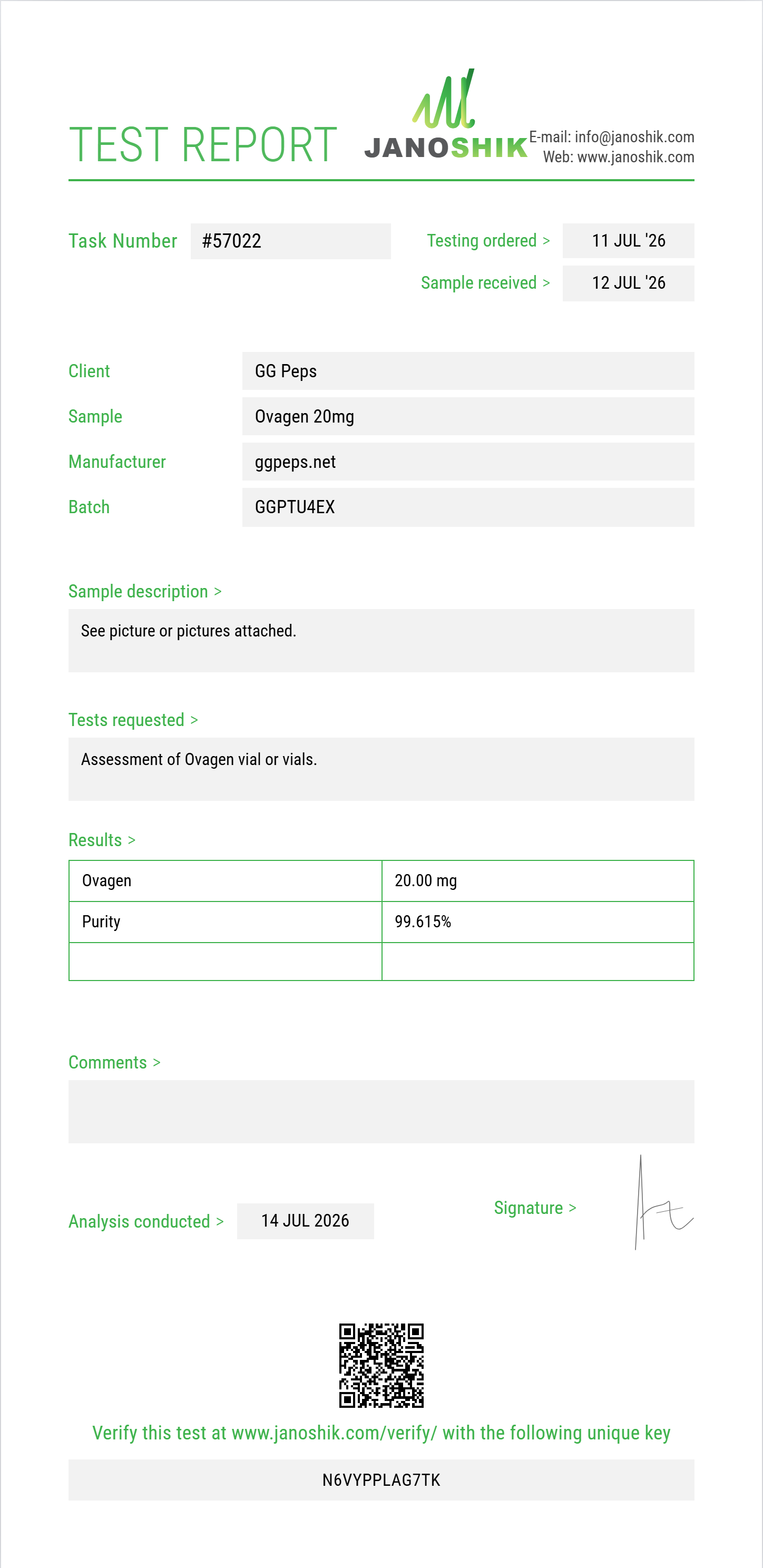 Ovagen Purity (HPLC) report by Janoshik Analytical