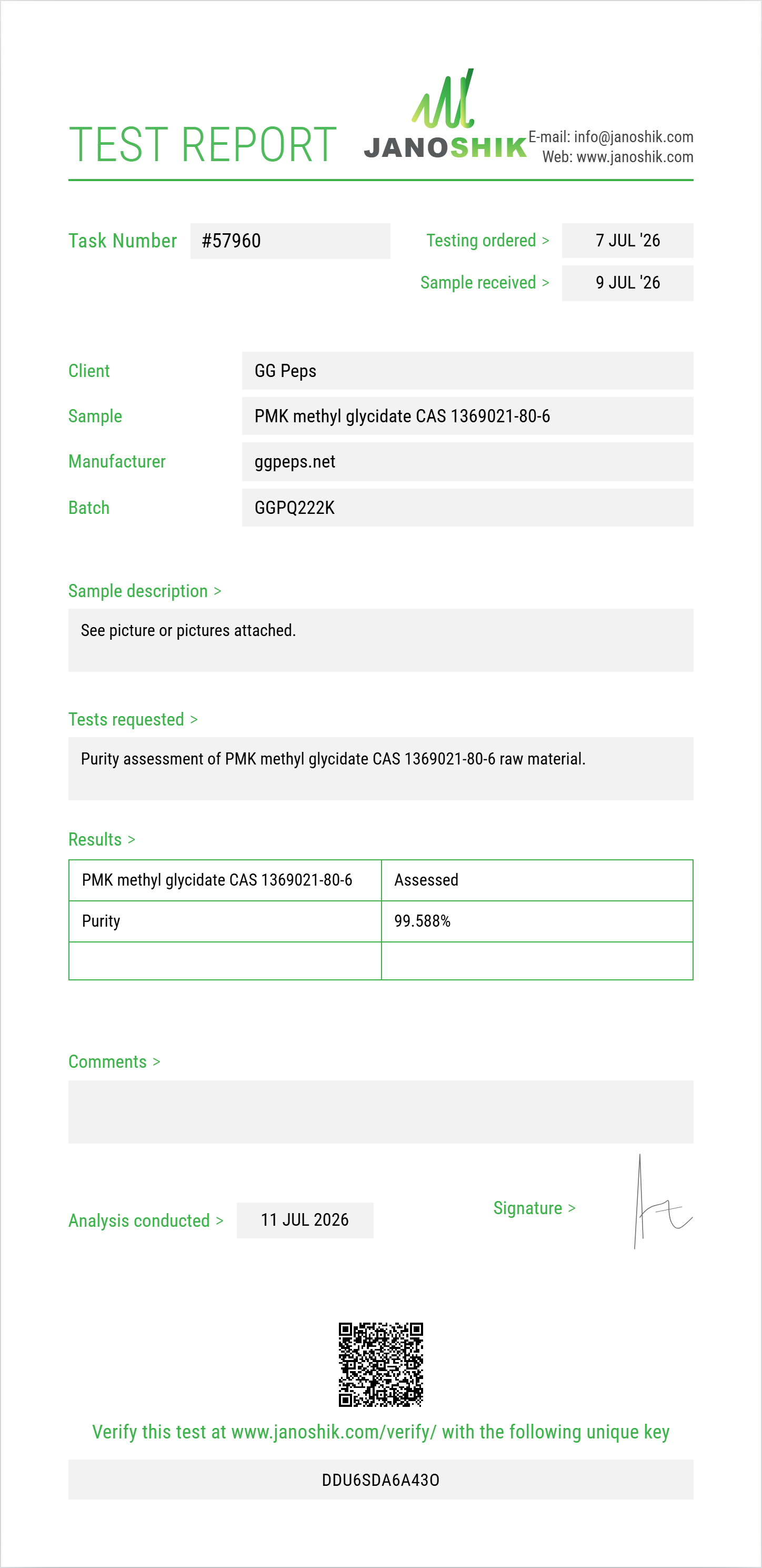 PMK methyl glycidate CAS 1369021-80-6 Purity (HPLC) report by Janoshik Analytical