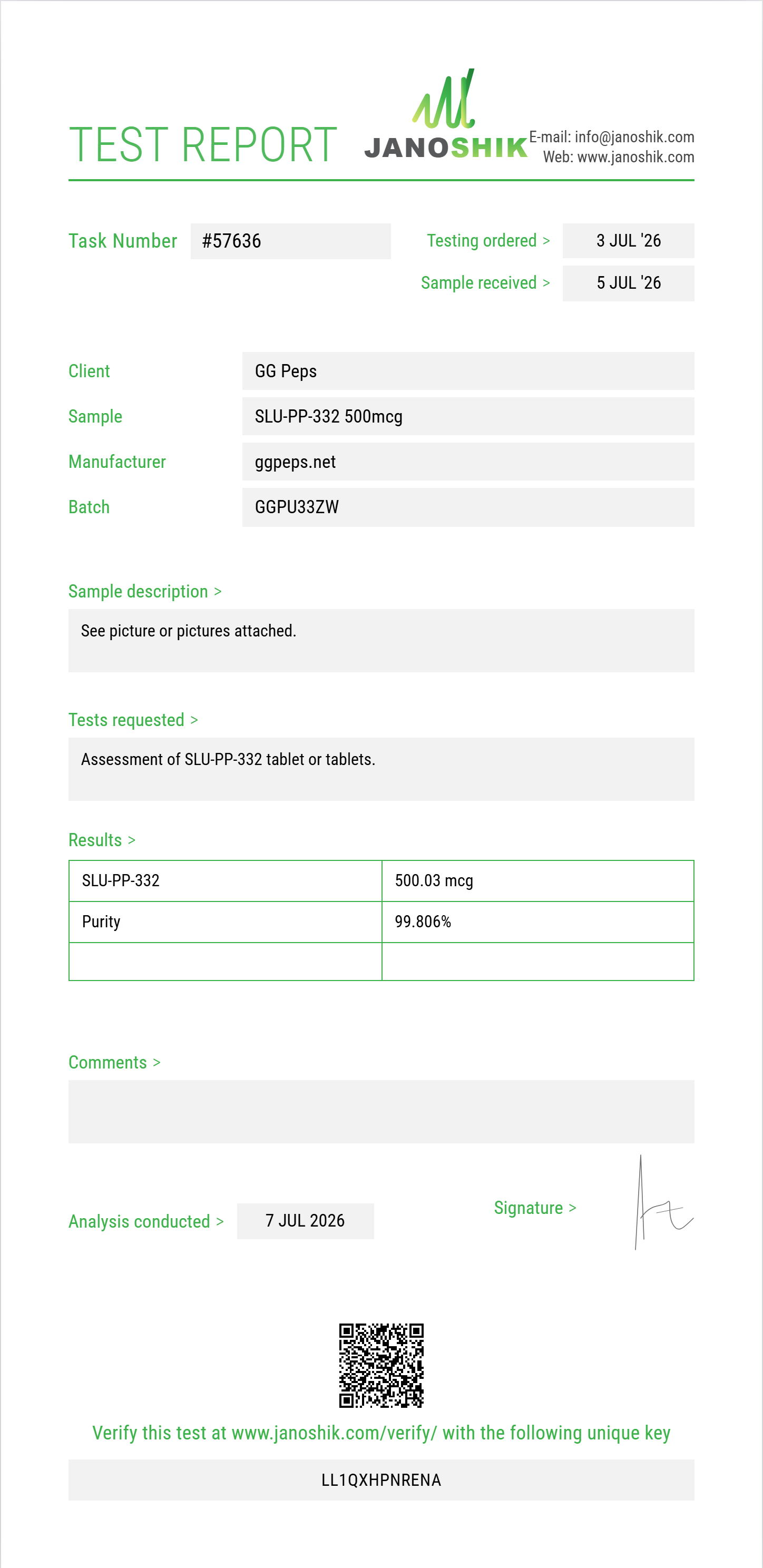 SLU-PP-332 Purity (HPLC) report by Janoshik Analytical