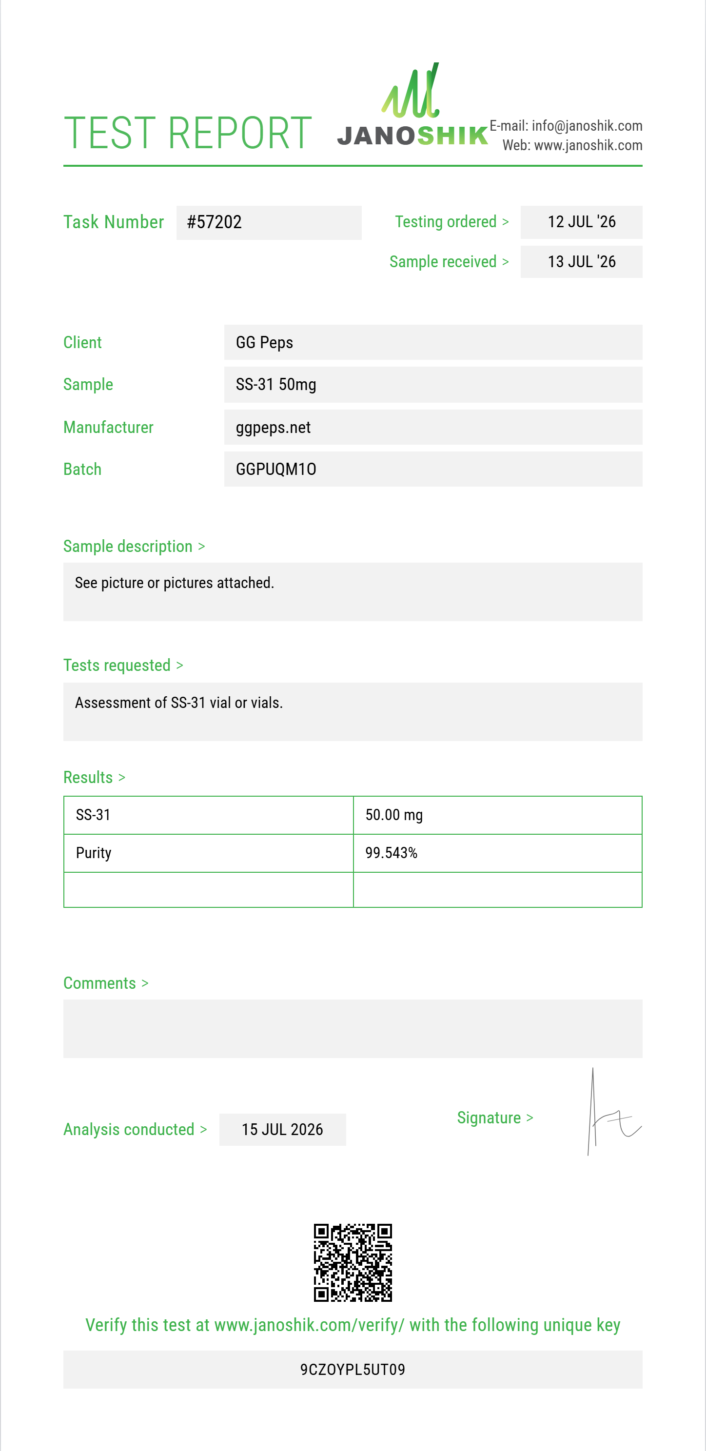 SS-31 Purity (HPLC) report by Janoshik Analytical