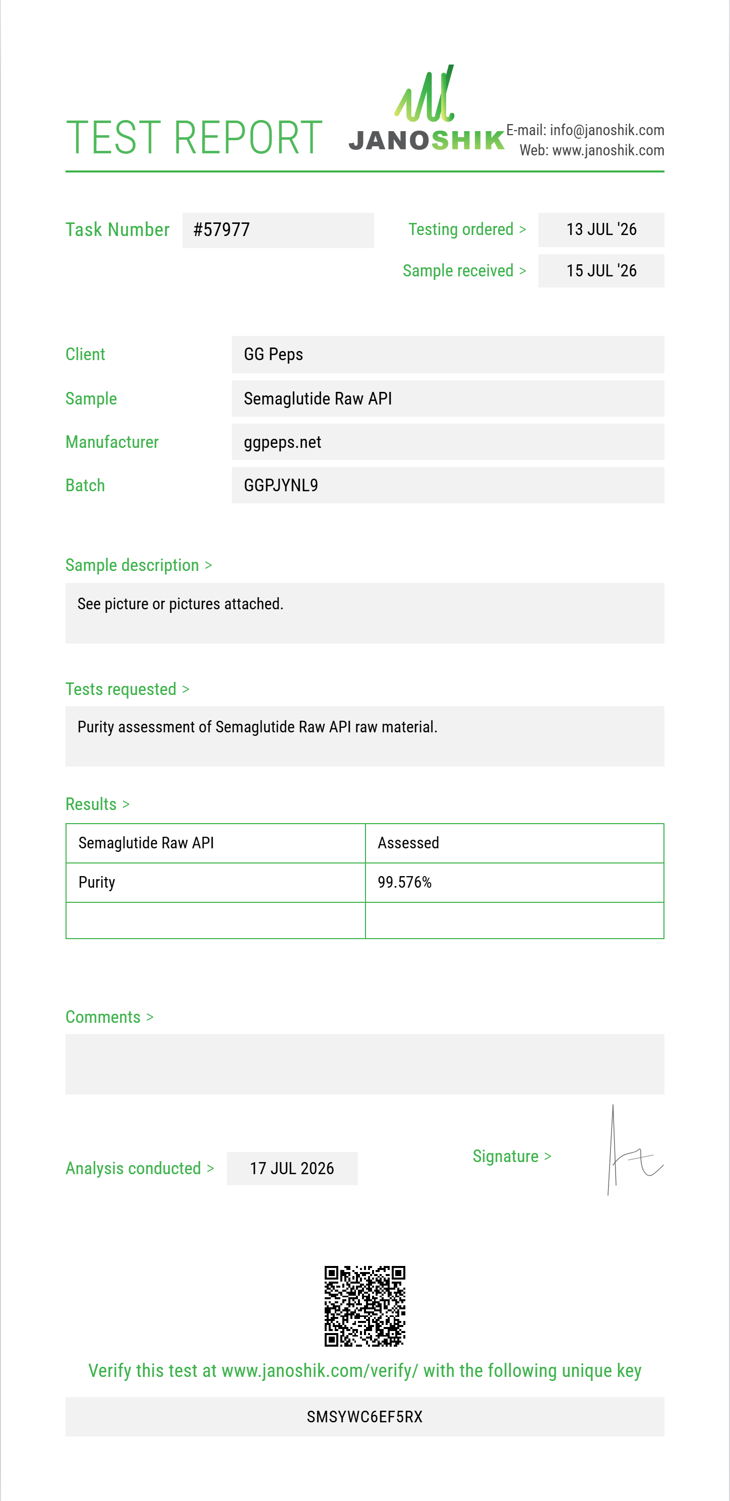 Semaglutide Raw Purity (HPLC) report by Janoshik Analytical