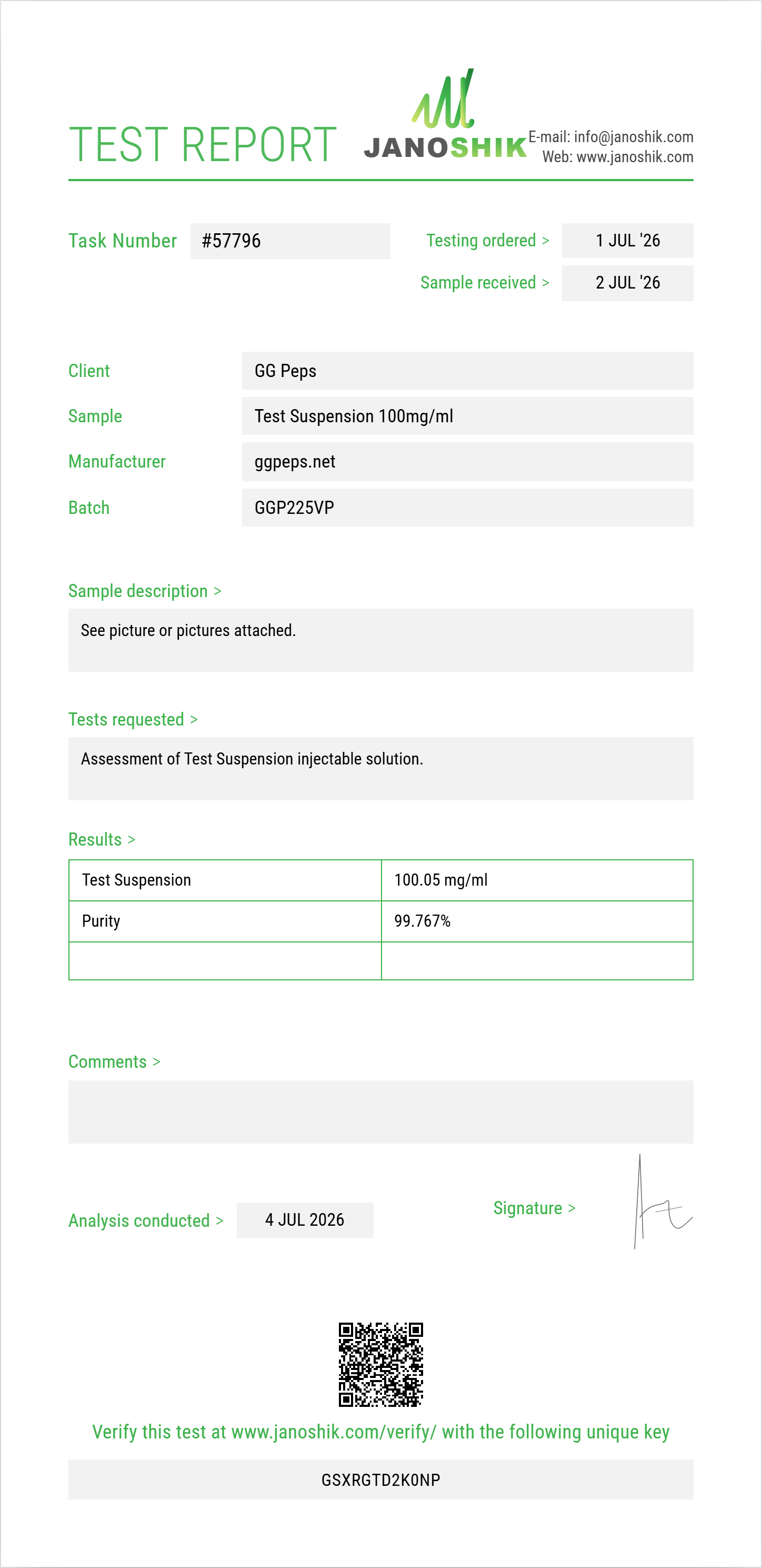 Test Suspension Purity (HPLC) report by Janoshik Analytical