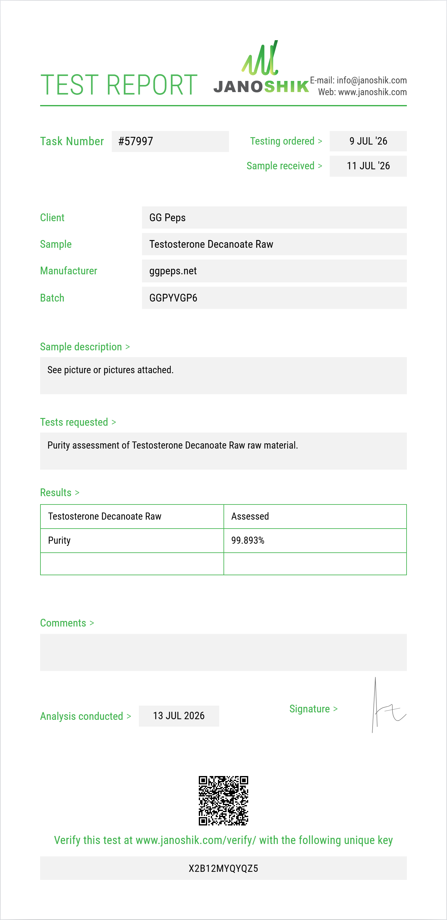 Testosterone Decanoate Raw Purity (HPLC) report by Janoshik Analytical