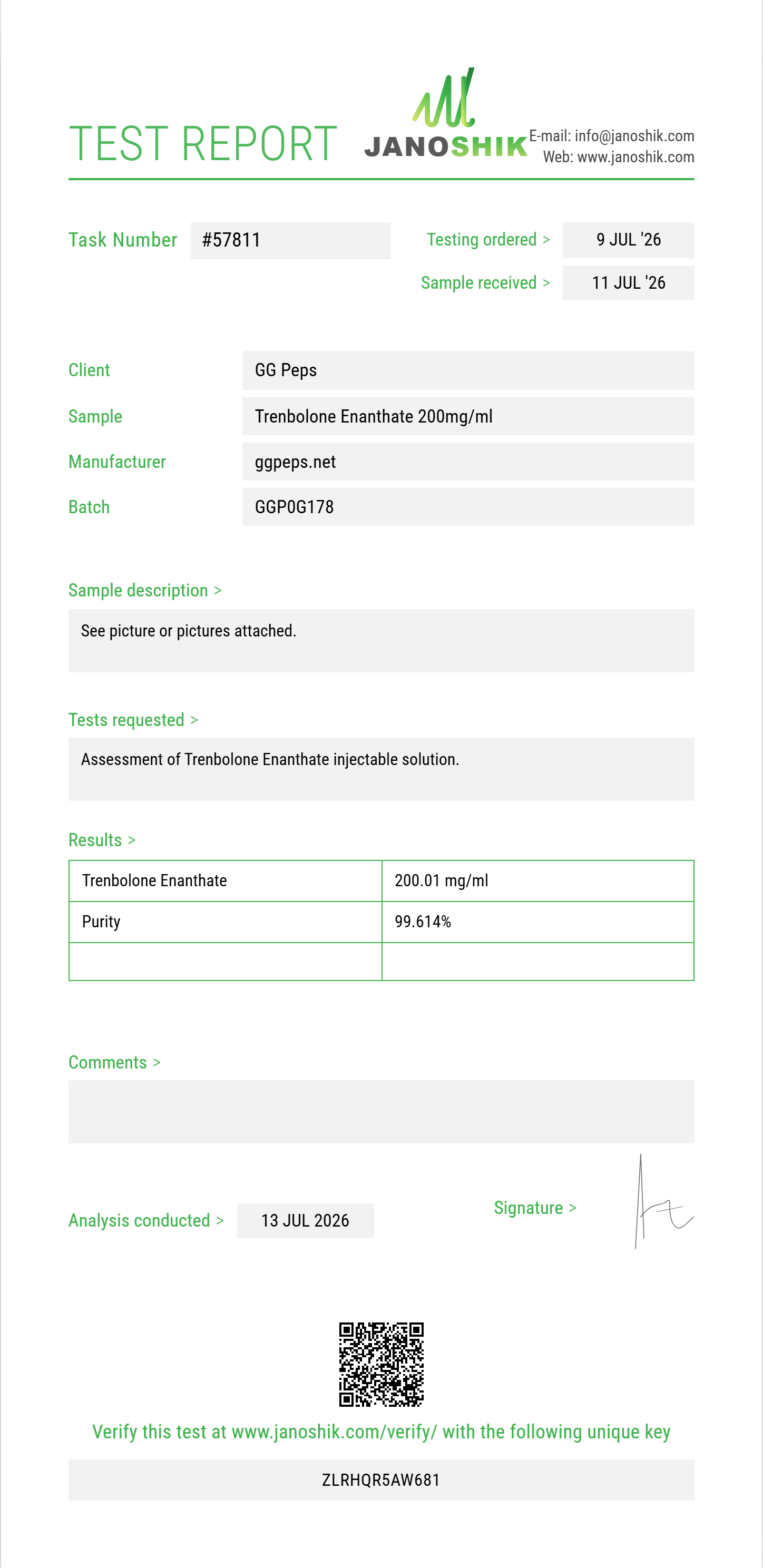 Trenbolone Enanthate Purity (HPLC) report by Janoshik Analytical
