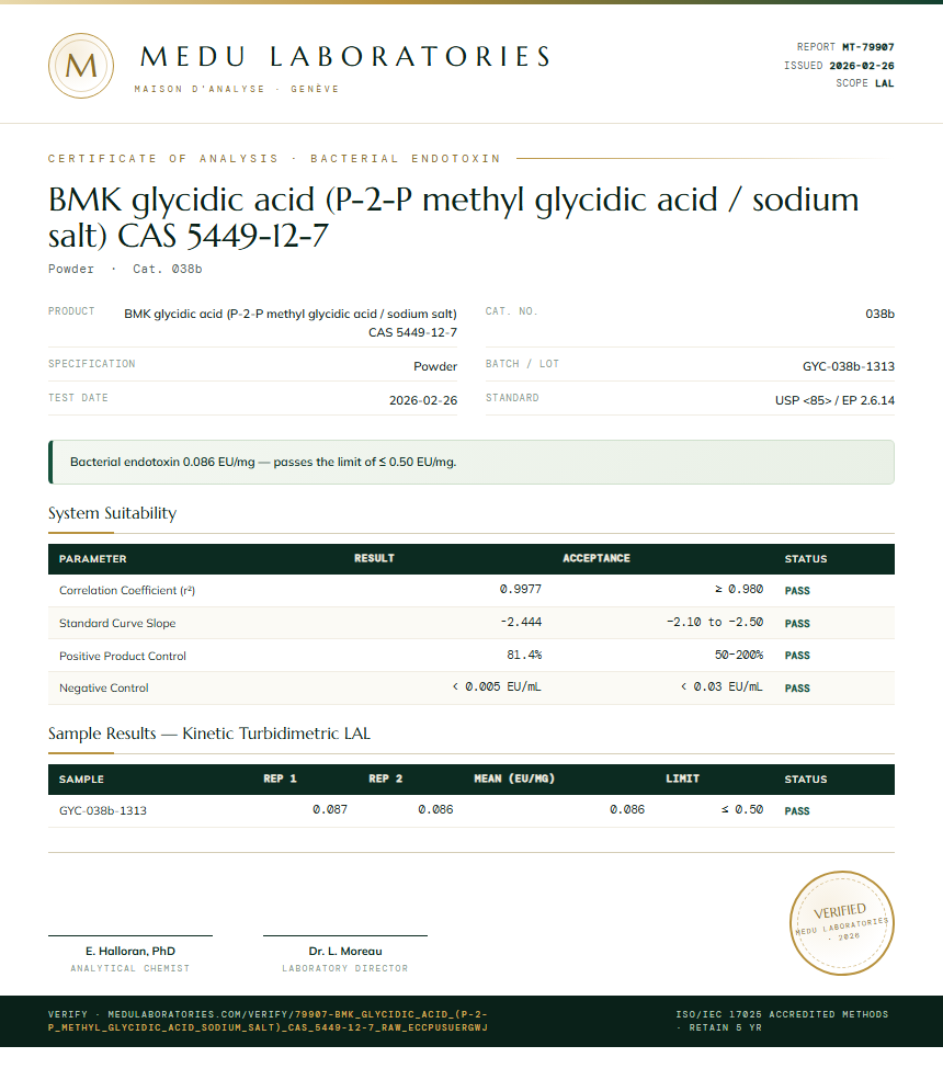 BMK glycidic acid (P-2-P methyl glycidic acid / sodium salt) CAS 5449-12-7 Endotoxin report by Medu Laboratories