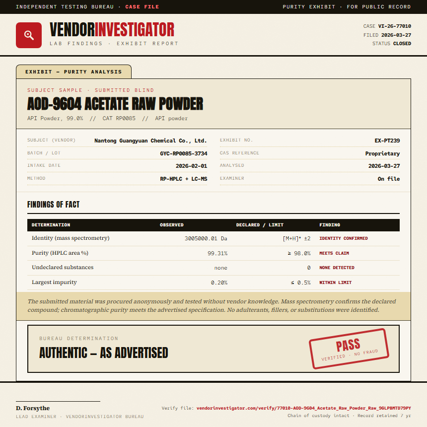 AOD-9604 Acetate Raw Powder Purity (HPLC) report by VendorInvestigator