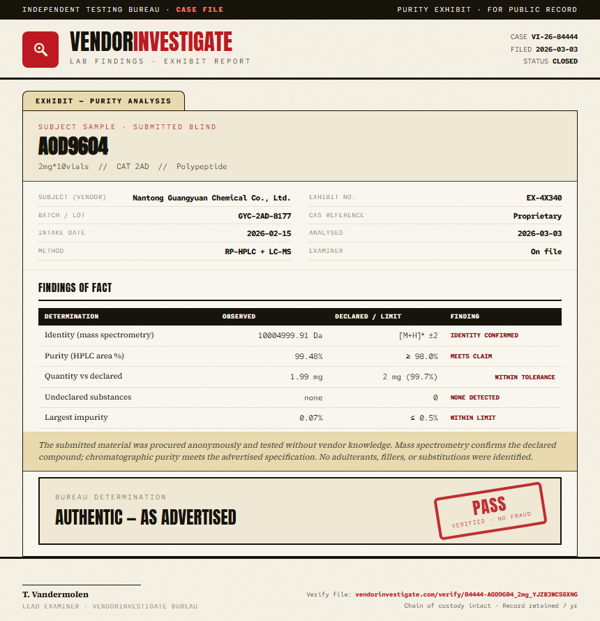 AOD9604 Purity (HPLC) report by VendorInvestigate
