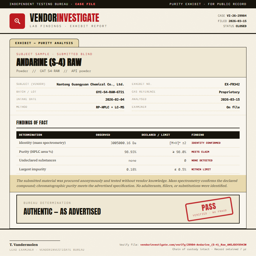 Andarine (S-4) Raw Purity (HPLC) report by VendorInvestigate