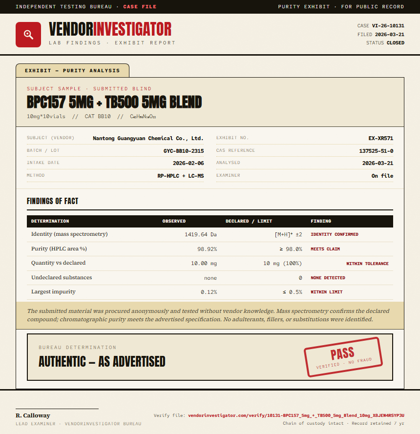 BPC157 5mg + TB500 5mg Blend Purity (HPLC) report by VendorInvestigator