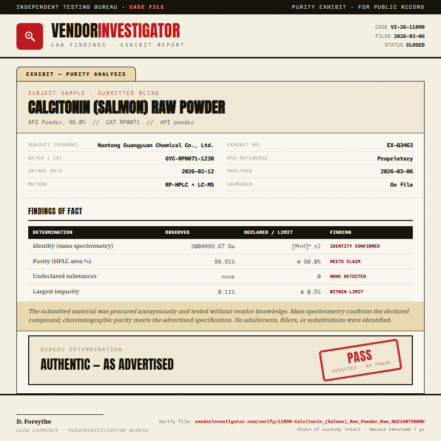 Calcitonin (Salmon) Raw Powder Purity (HPLC) report by VendorInvestigator