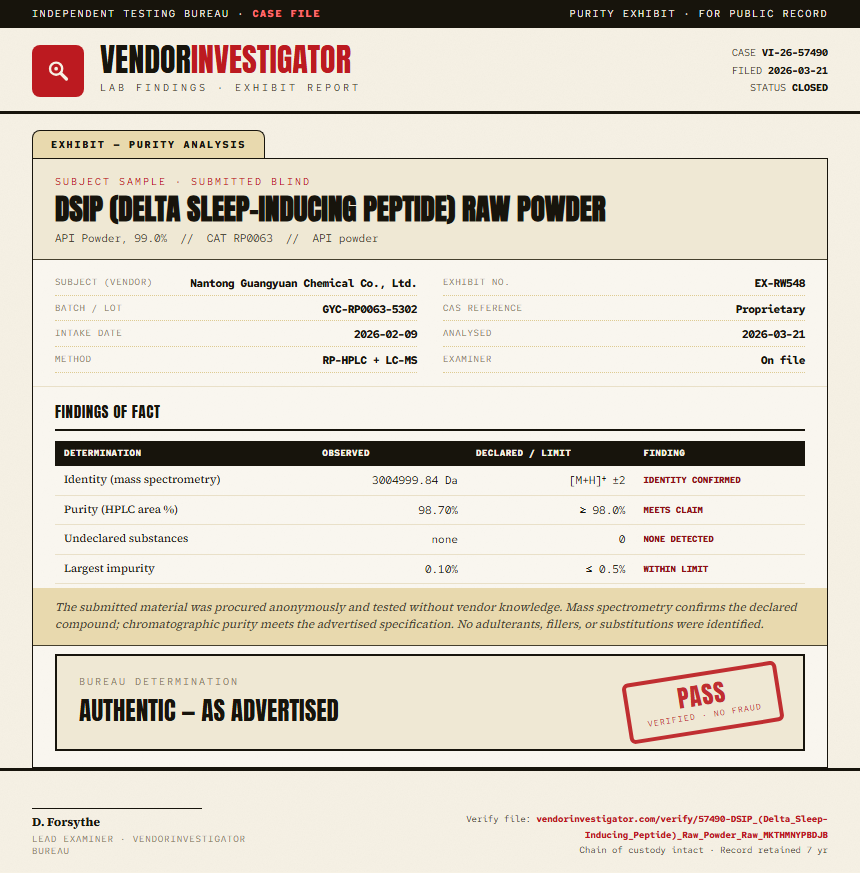 DSIP (Delta Sleep-Inducing Peptide) Raw Powder Purity (HPLC) report by VendorInvestigator