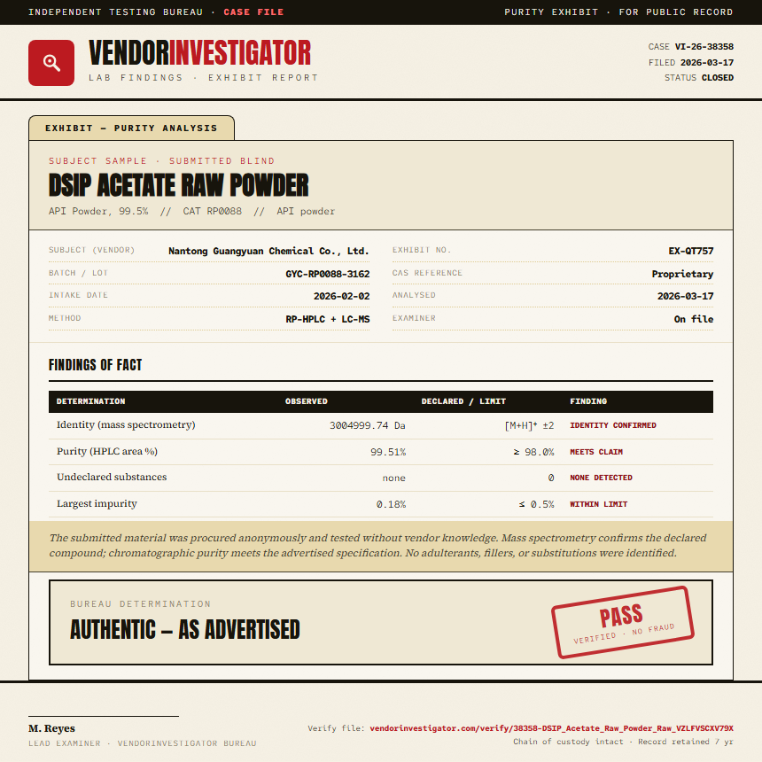 DSIP Acetate Raw Powder Purity (HPLC) report by VendorInvestigator