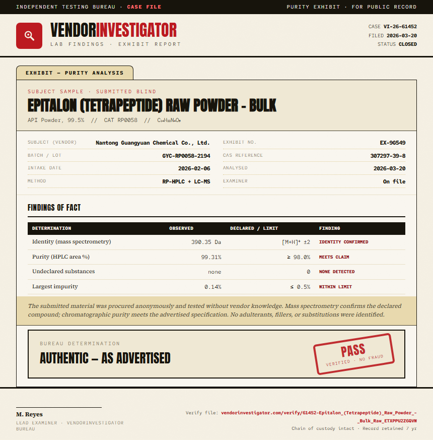 Epitalon (Tetrapeptide) Raw Powder - Bulk Purity (HPLC) report by VendorInvestigator
