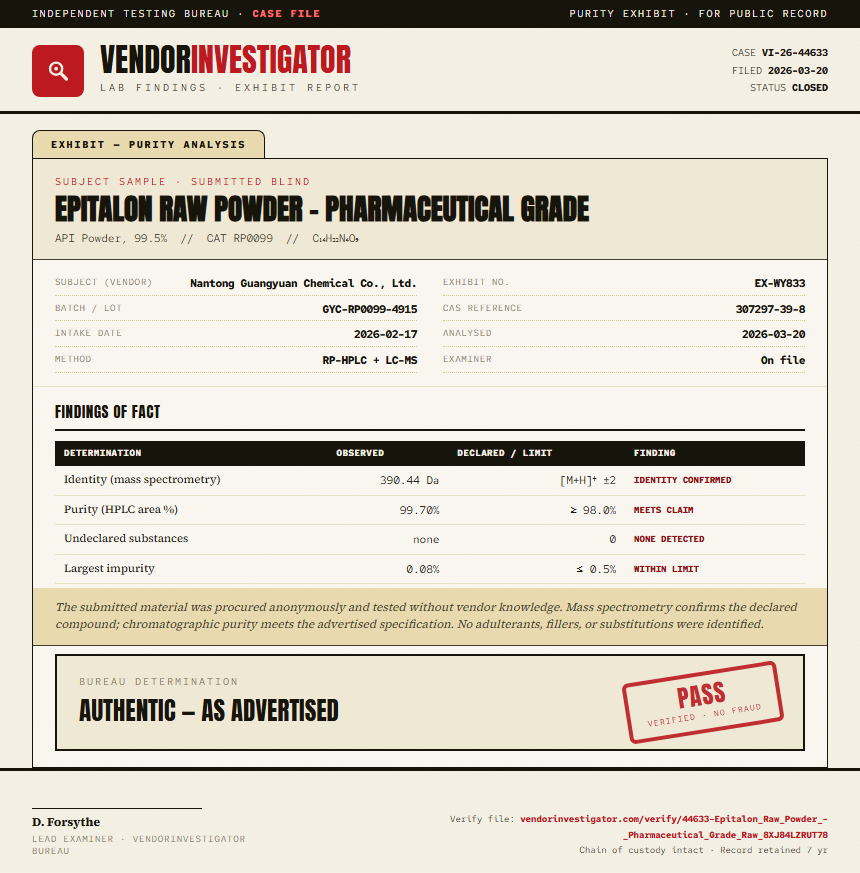 Epitalon Raw Powder - Pharmaceutical Grade Purity (HPLC) report by VendorInvestigator