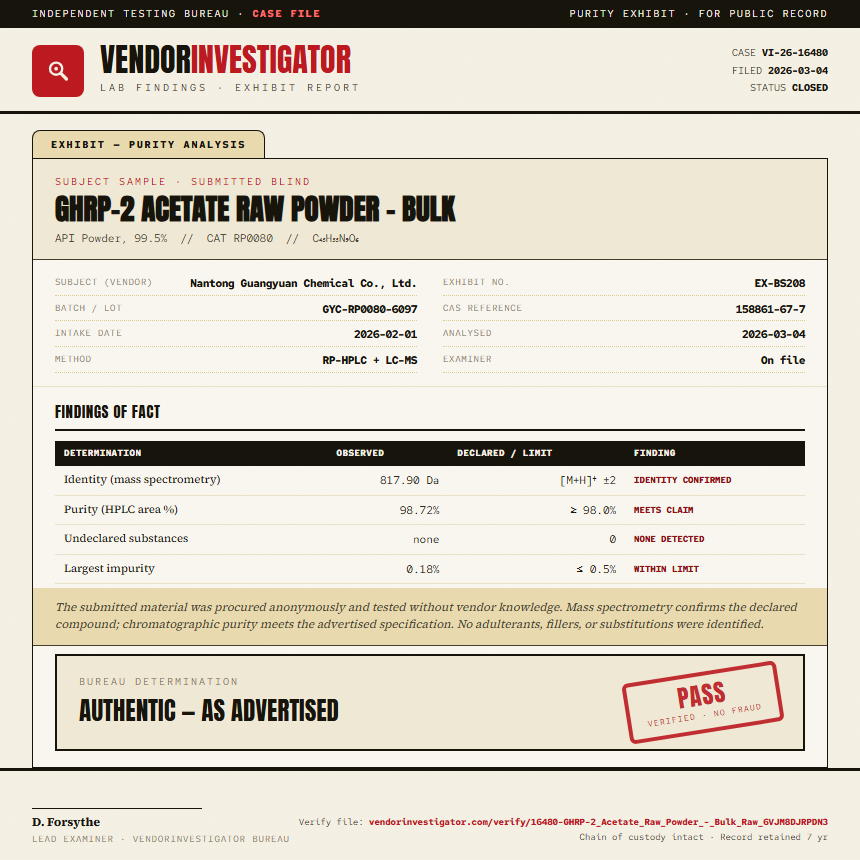 GHRP-2 Acetate Raw Powder - Bulk Purity (HPLC) report by VendorInvestigator