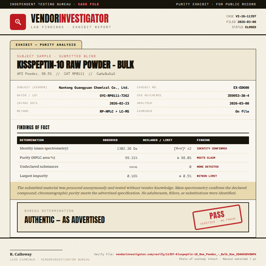 Kisspeptin-10 Raw Powder - Bulk Purity (HPLC) report by VendorInvestigator