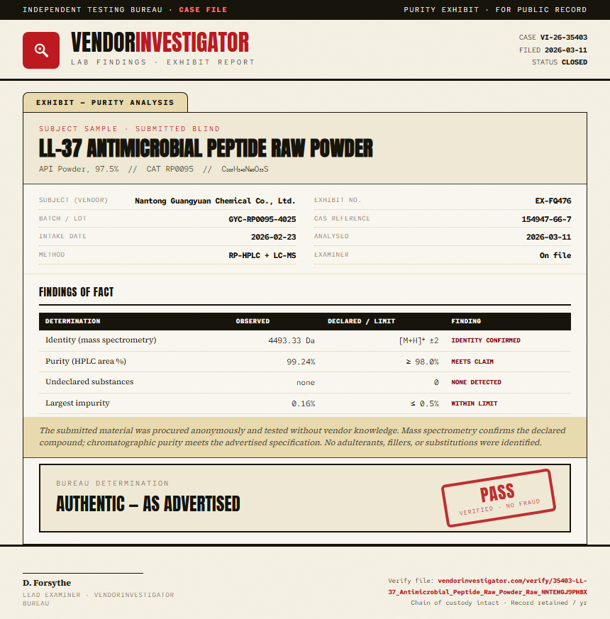 LL-37 Antimicrobial Peptide Raw Powder Purity (HPLC) report by VendorInvestigator