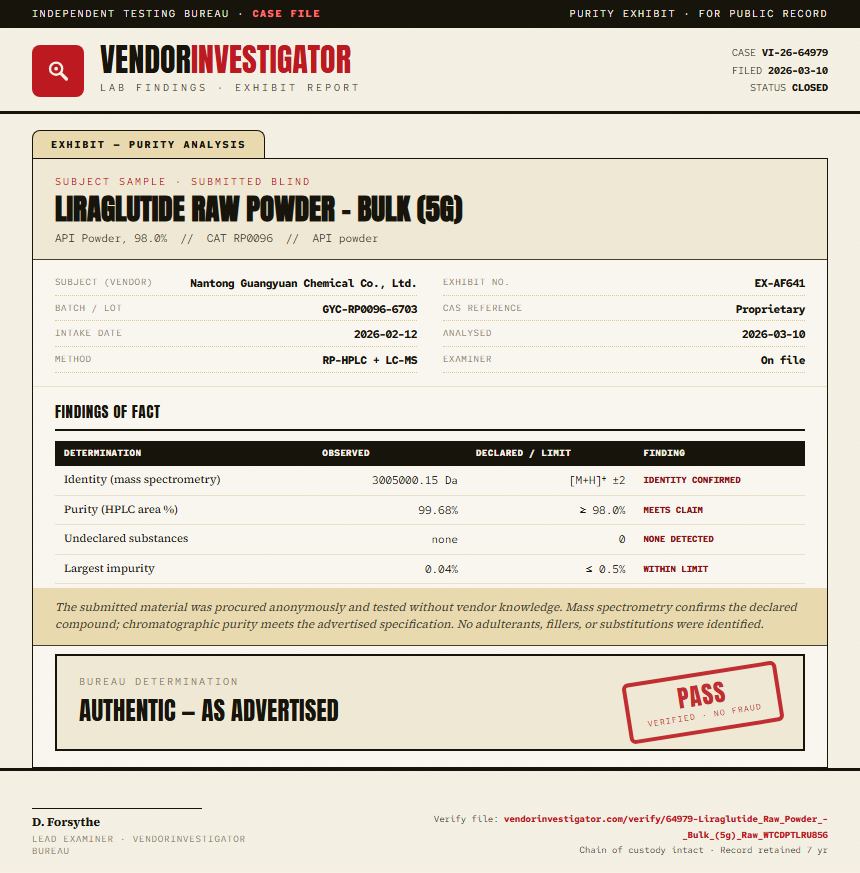 Liraglutide Raw Powder - Bulk (5g) Purity (HPLC) report by VendorInvestigator