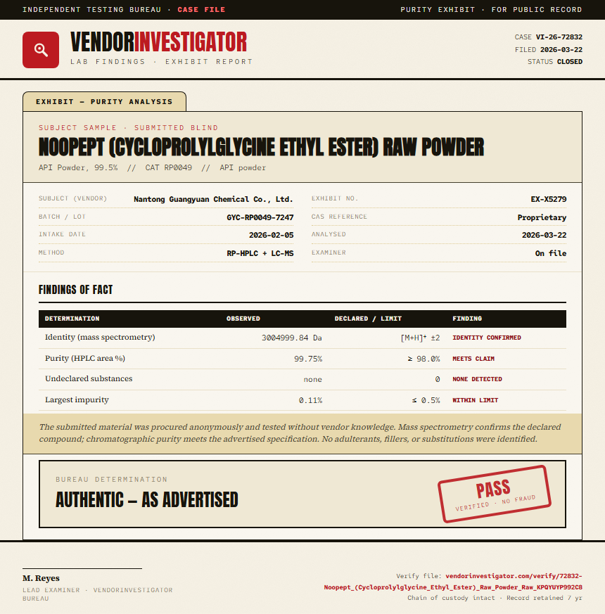 Noopept (Cycloprolylglycine Ethyl Ester) Raw Powder Purity (HPLC) report by VendorInvestigator