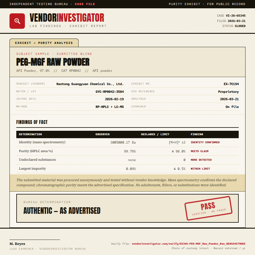PEG-MGF Raw Powder Purity (HPLC) report by VendorInvestigator