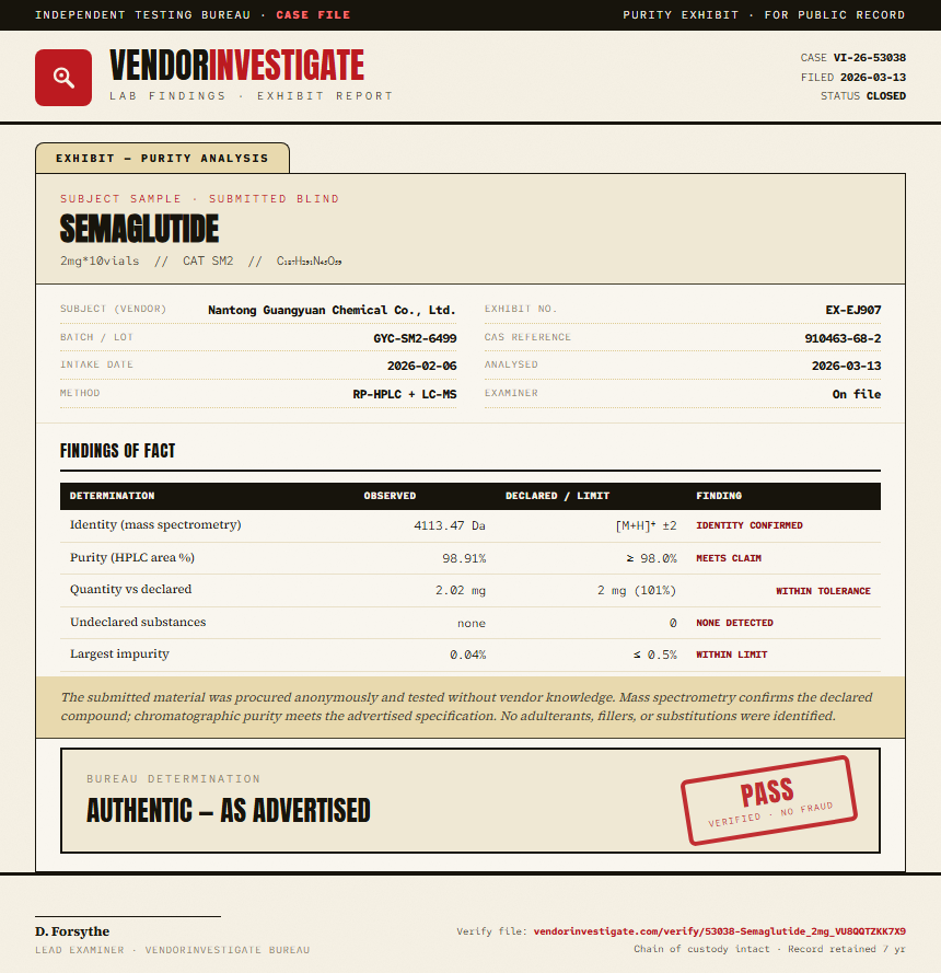 Semaglutide Purity (HPLC) report by VendorInvestigate