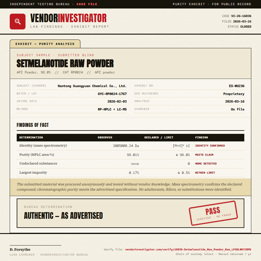 Setmelanotide Raw Powder Purity (HPLC) report by VendorInvestigator