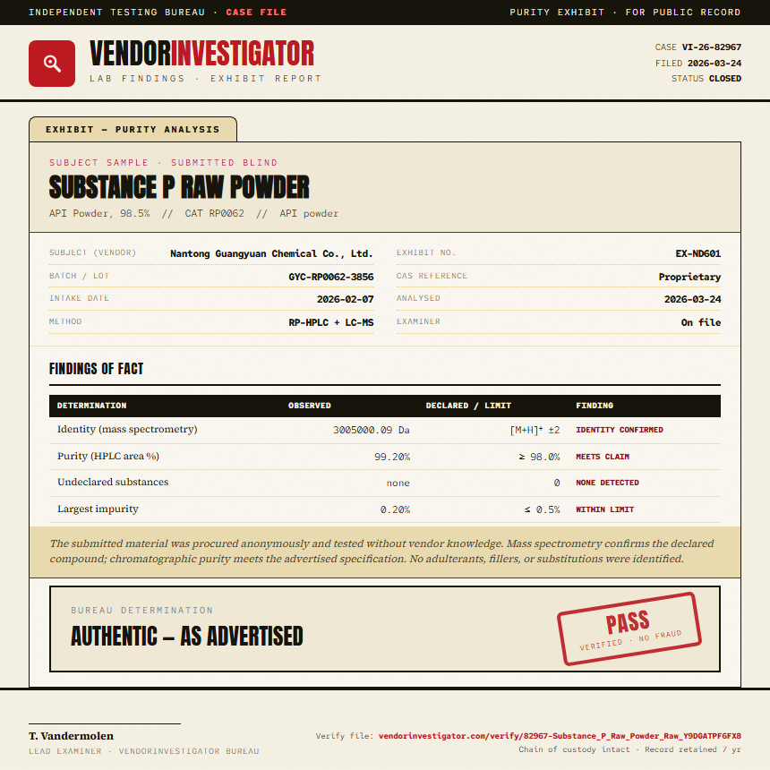 Substance P Raw Powder Purity (HPLC) report by VendorInvestigator