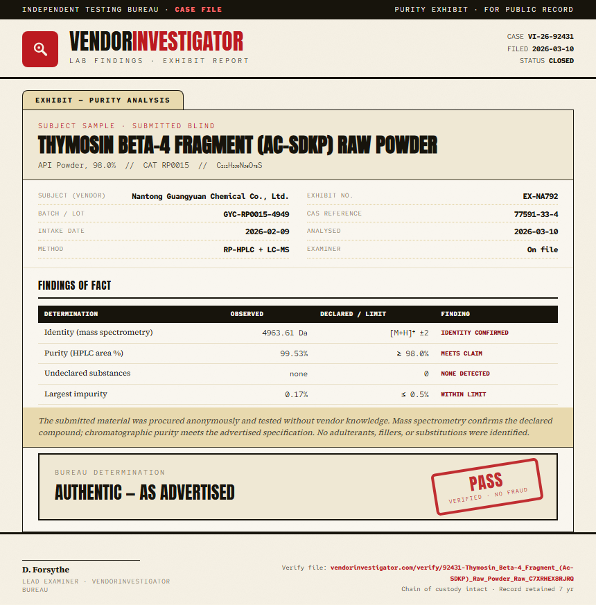 Thymosin Beta-4 Fragment (Ac-SDKP) Raw Powder Purity (HPLC) report by VendorInvestigator