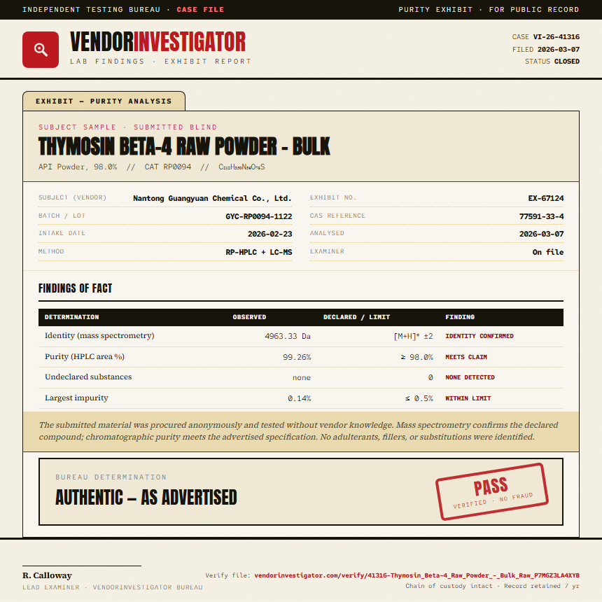 Thymosin Beta-4 Raw Powder - Bulk Purity (HPLC) report by VendorInvestigator