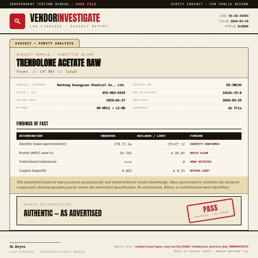 Trenbolone Acetate Raw Purity (HPLC) report by VendorInvestigate