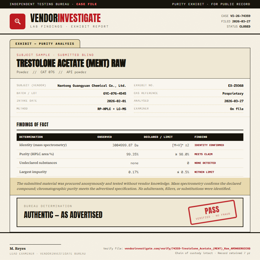 Trestolone Acetate (MENT) Raw Purity (HPLC) report by VendorInvestigate
