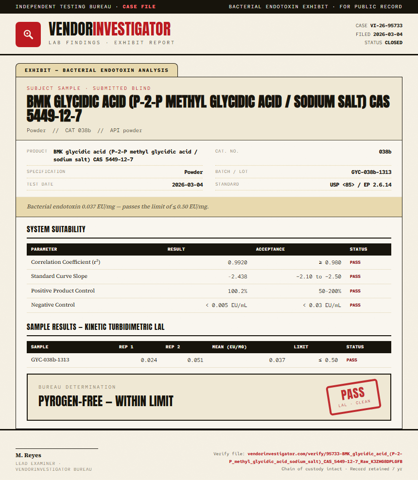 BMK glycidic acid (P-2-P methyl glycidic acid / sodium salt) CAS 5449-12-7 Endotoxin report by VendorInvestigator