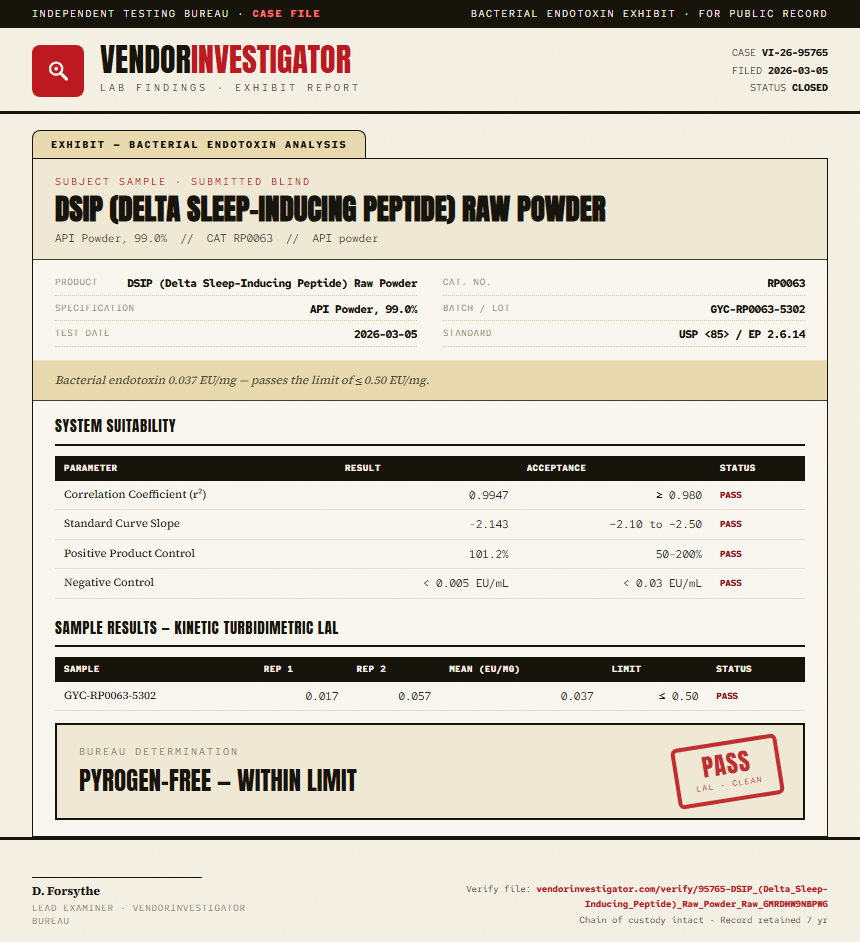 DSIP (Delta Sleep-Inducing Peptide) Raw Powder Endotoxin report by VendorInvestigator