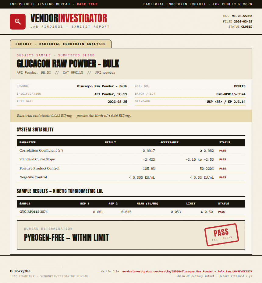 Glucagon Raw Powder - Bulk Endotoxin report by VendorInvestigator