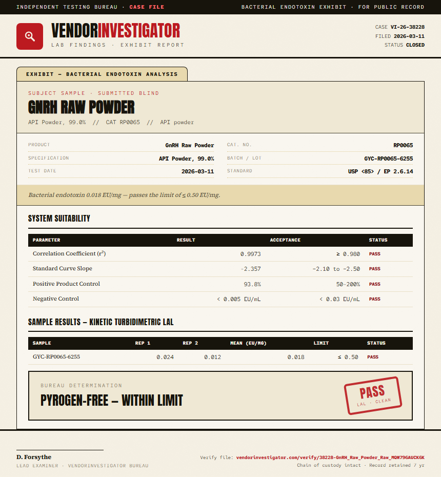 GnRH Raw Powder Endotoxin report by VendorInvestigator