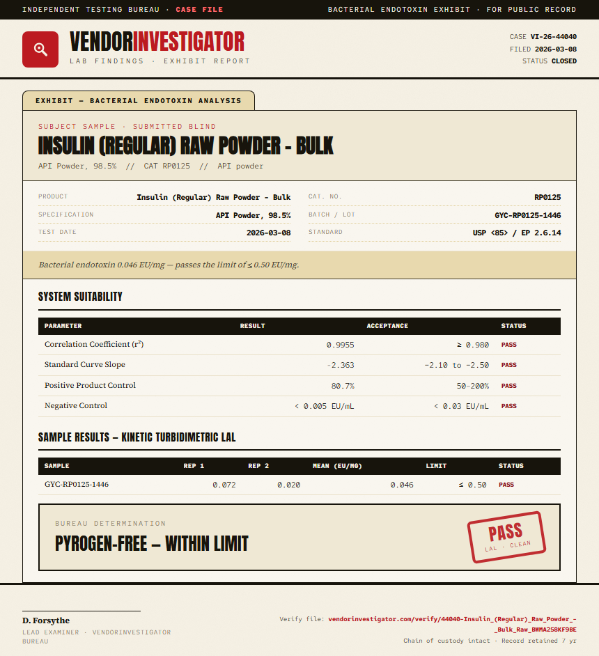 Insulin (Regular) Raw Powder - Bulk Endotoxin report by VendorInvestigator