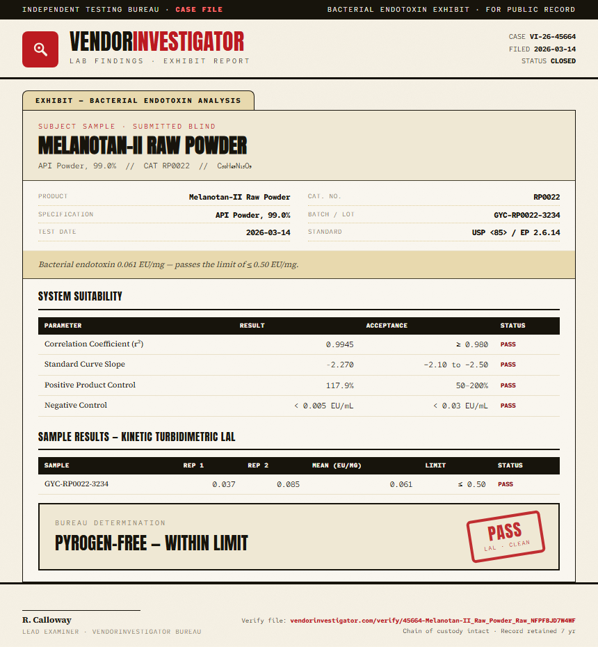Melanotan-II Raw Powder Endotoxin report by VendorInvestigator