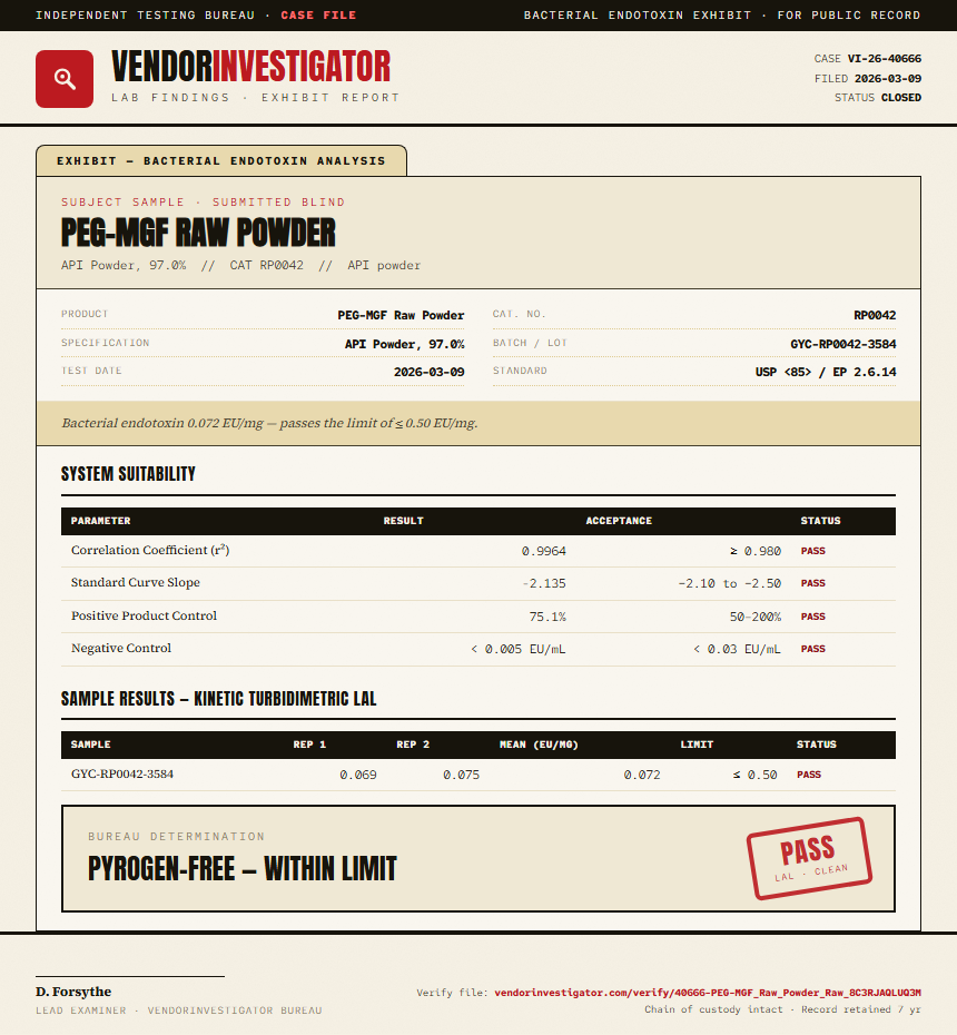 PEG-MGF Raw Powder Endotoxin report by VendorInvestigator