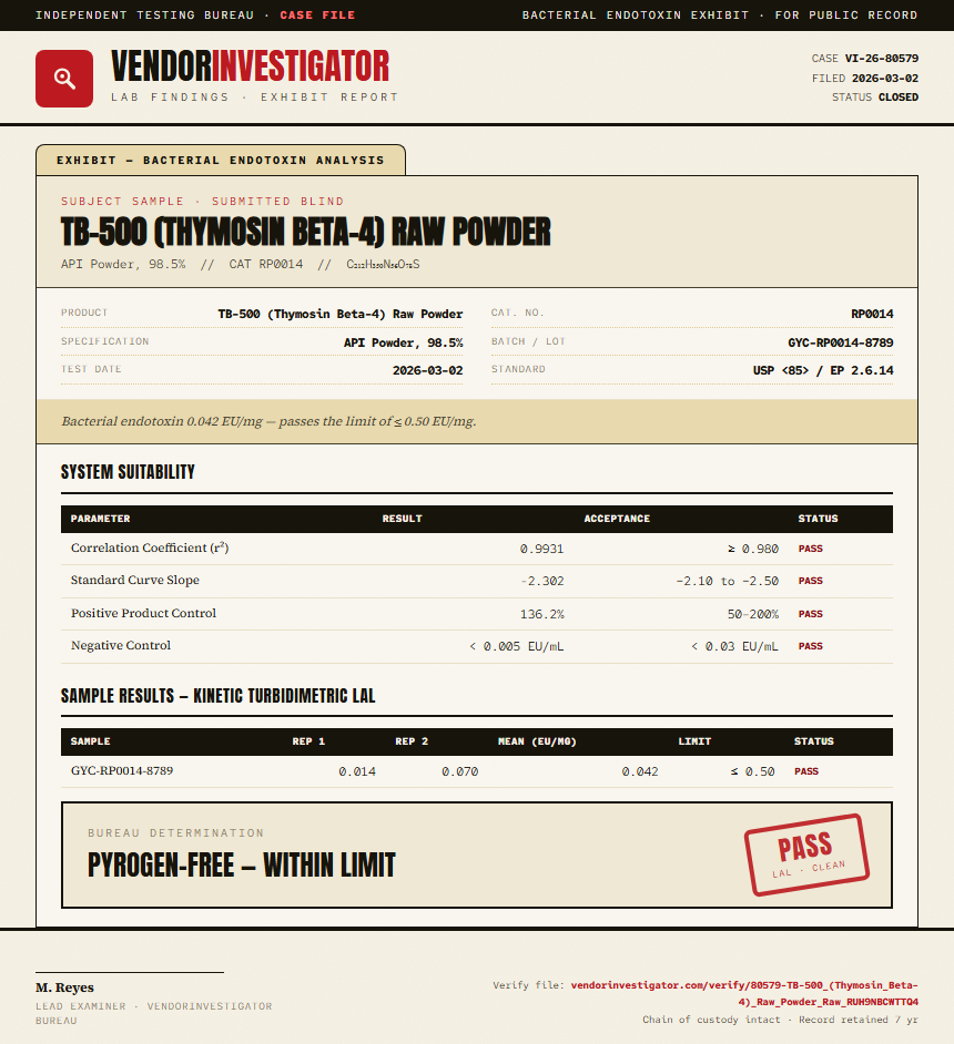 TB-500 (Thymosin Beta-4) Raw Powder Endotoxin report by VendorInvestigator