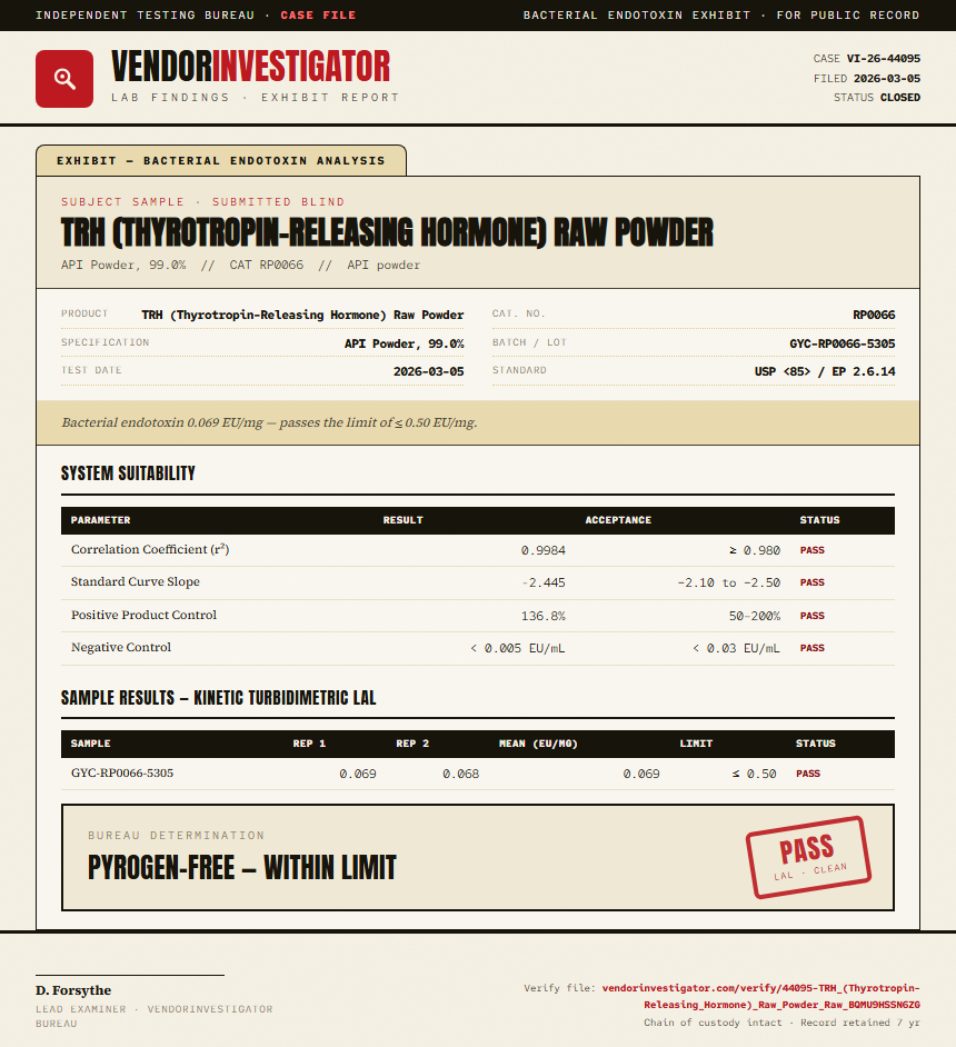 TRH (Thyrotropin-Releasing Hormone) Raw Powder Endotoxin report by VendorInvestigator